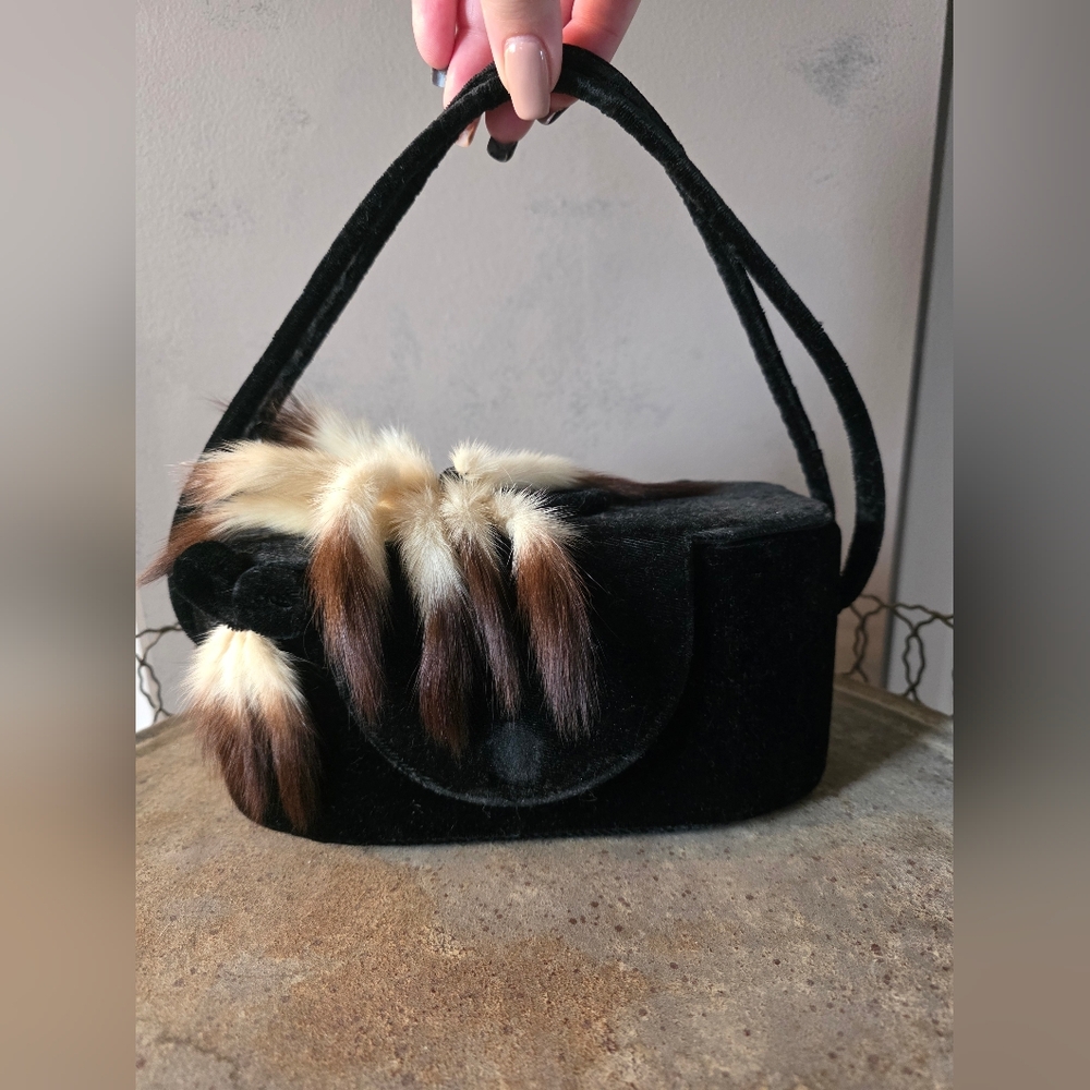 Vintage Real Fur Black Velvet Purse